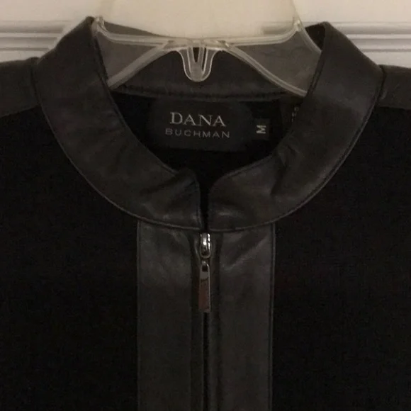 Dana Buchman Black Front zip sweater jacket with Leather Trim 31 “ long